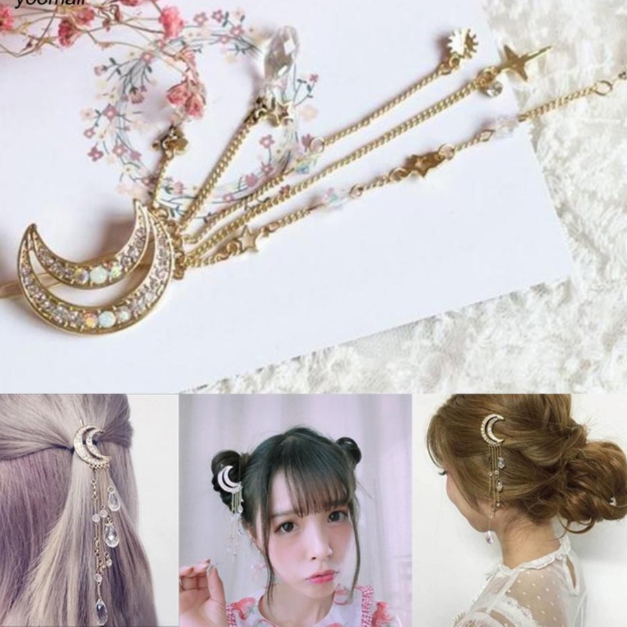 Kẹp tóc mặt trăng moon tua rua đính đá phong cách cổ điển cổ trang xinh xắn dễ thương