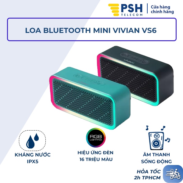 Loa Bluetooth VIVAN VS6 Công Suất 5W - Chống Nước IPX5 - Pin 1800mAh Playtime 8H - Thiết kế nhỏ gọn - Nhiều chế độ