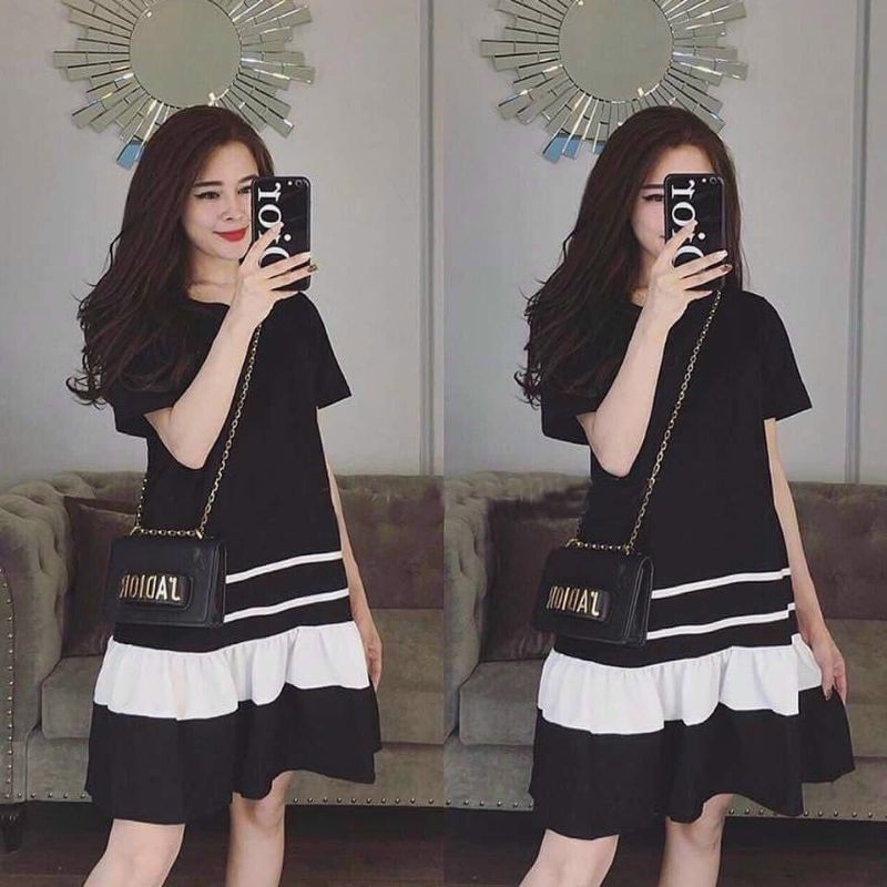 💝Đầm bầu thu đông-Váy bầu đen nơ cổ trắng - Đầm thiết kế cao cấp sau sinh
