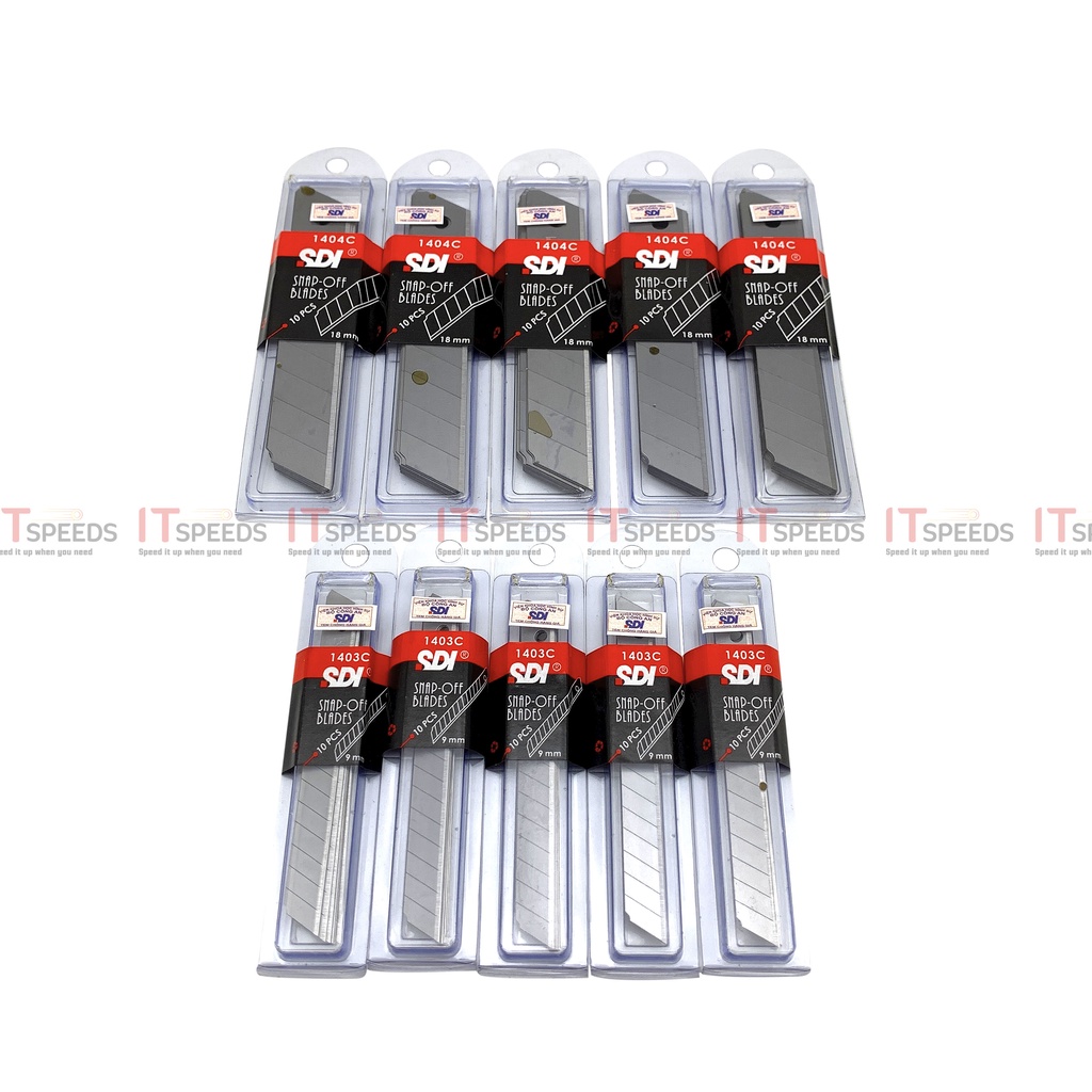 Vĩ 10 Lưỡi Dao Rọc Giấy SDI Lớn 1404C 18mm, Nhỏ 1403C 9mm,Hộp Nhựa Chống Ẩm, Chống Gỉ, Chính Hãng, Có Tem Chống Hàng Giả