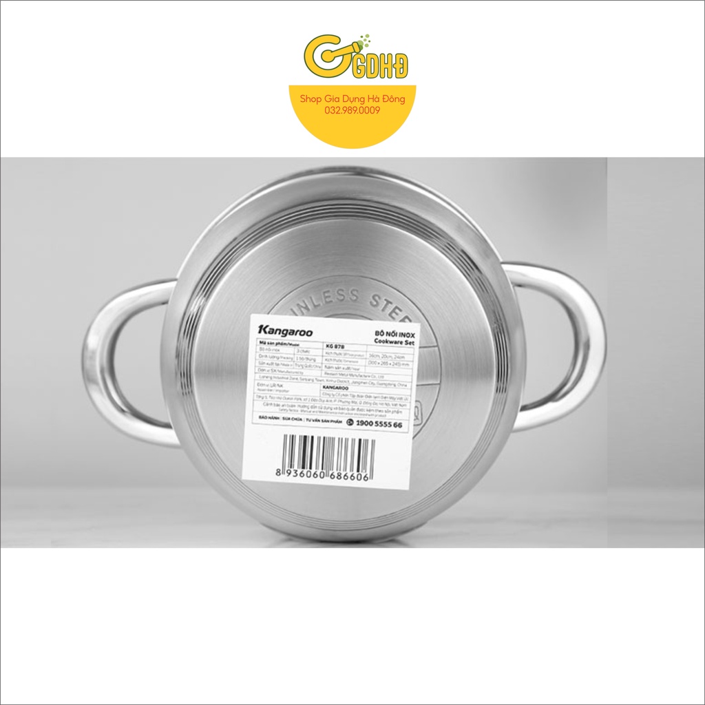 KG878L - Nồi inox 5 đáy đường kính 24cm, hàng loại 5 lớp cao cấp kangaroo, quai inox đinh tán sáng bóng gắn siêu chắc