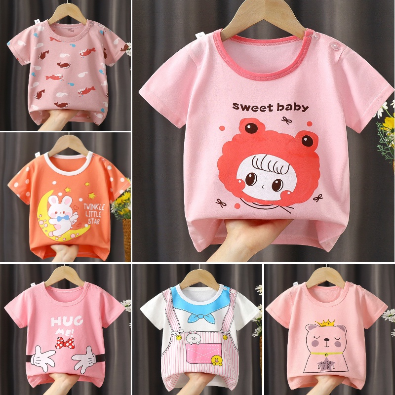 Áo Thun Tay Ngắn Vải Cotton Thiết Kế Dễ Thương Cho Bé Gái Từ 0-7 Tuổi