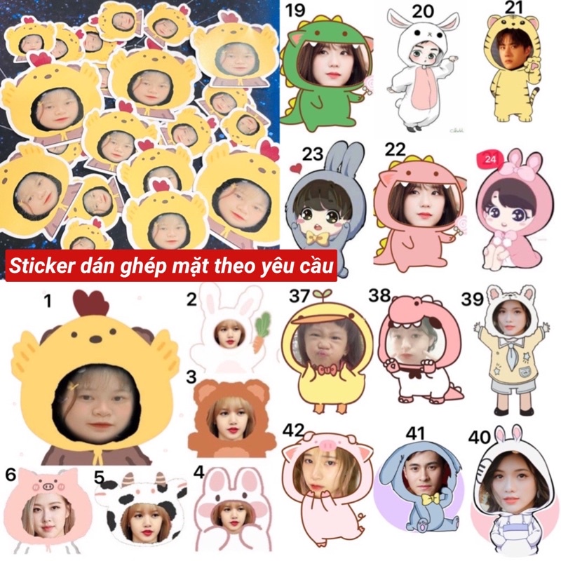 Sticker ghép mặt in theo yêu cầu 15 cái size to / hình dán cute in theo yêu cầu