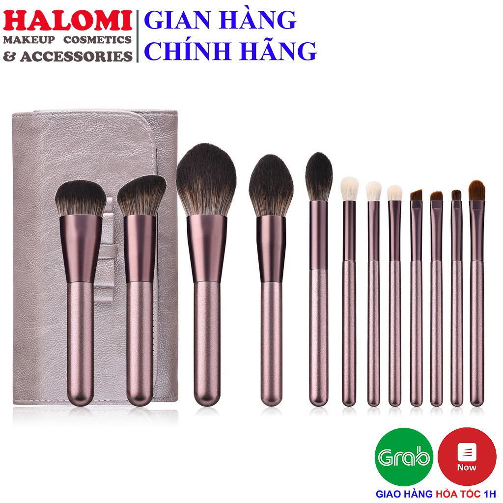 Bộ cọ trang điểm chuyên nghiệp cao cấp 12 cây, dành cho trang điểm cá nhân và chuyên nghiệp, có bao da đi kèm HALOMI