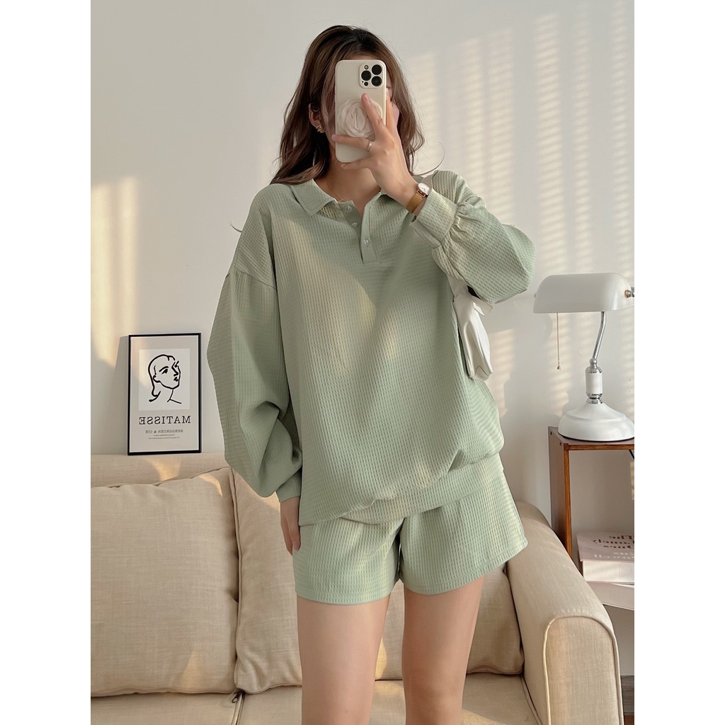 Set áo polo tay dài + quần đùi chất xốp basic không nhăn phong cách Hàn Quốc Kozoda M89