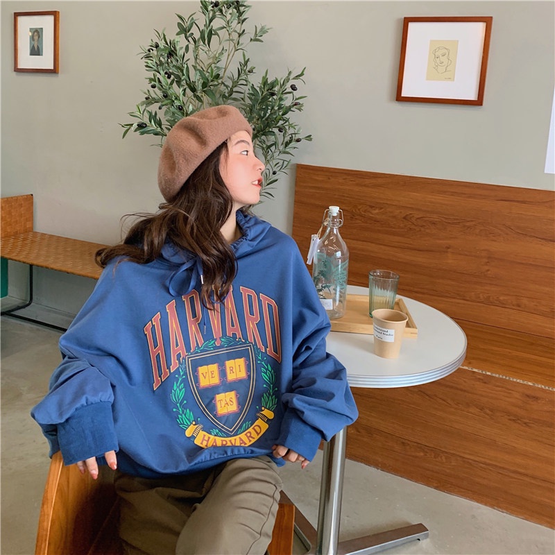 SUXI Áo Hoodie Nữ Tay Dài Dáng Rộng In Hình Phong Cách Hàn Quốc