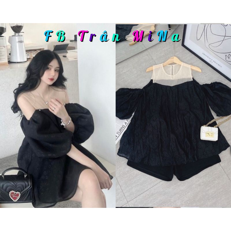 SET ÁO ĐEN RỚT VAI PHỒNG ĐÍNH HẠT + SHORT  ĐEN