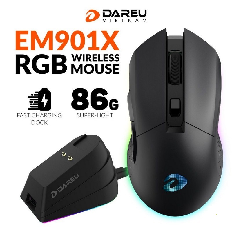 CHUỘT GAMING KHÔNG DÂY DAREU EM901X LED RGB KÈM DOCK SẠC CHÍNH HÃNG