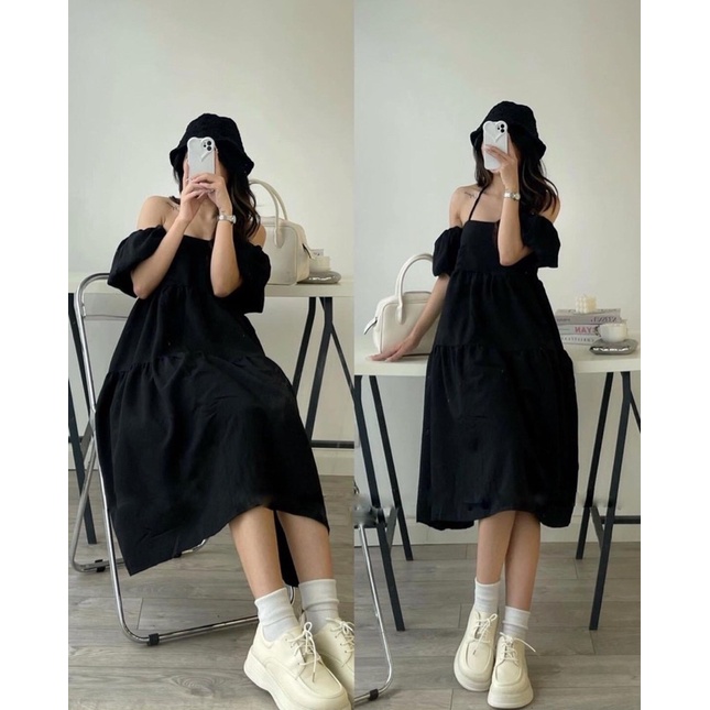 Váy Đầm Nữ 2 Dây Dáng Babydoll, Mặc được 4 kiểu Yếm Trễ Vai Cổ Vuông 2 Dây - HaLinh Shop - Dáng Suông, Chất Đũi, 3 Màu