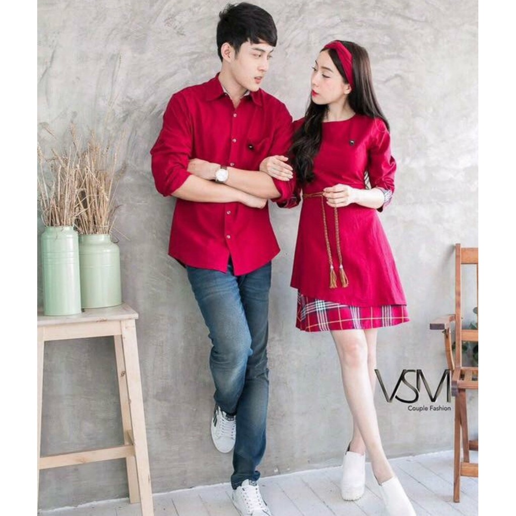 Đồ đôi nam nữ đẹp Set áo váy sơ mi Hàn Quốc dáng dài COUPLE STORE