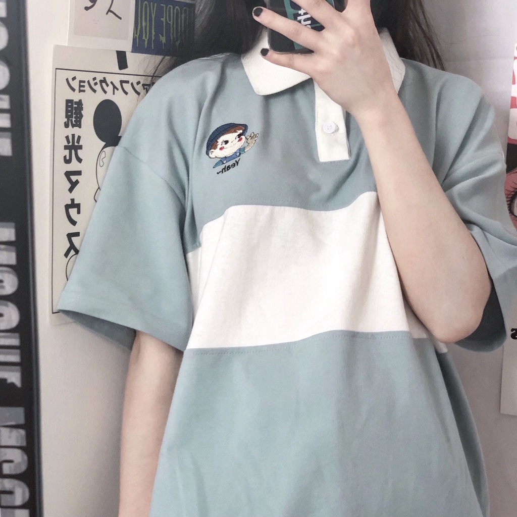 Áo polo Ngắn Tay Form Rộng Thêu Họa Tiết Hoạt Hình Phong Cách Hàn Quốc Thời Trang Cho Nữ