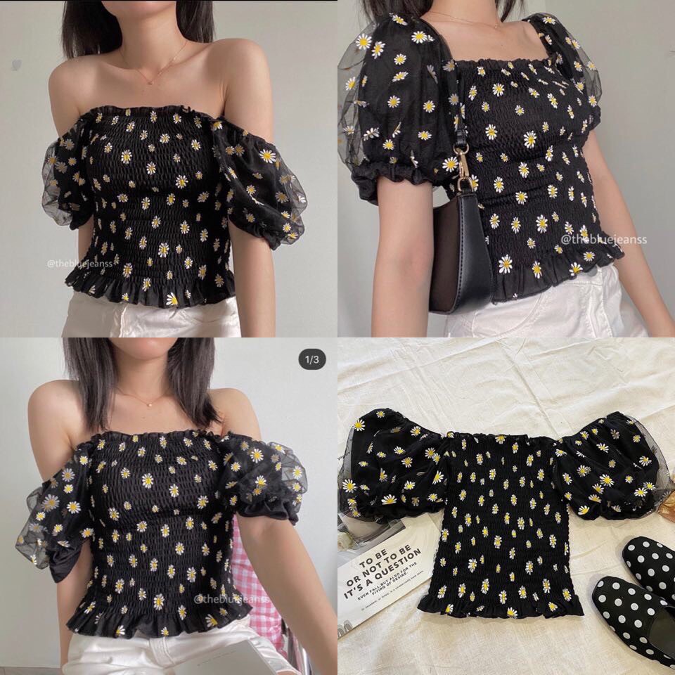 Áo Kiểu Trễ Vai Belis Croptop hoạ tiết hoa cúc hoạ mi from chuẩn bo chun co giãn - tay áo phồng mix chất voan lưới