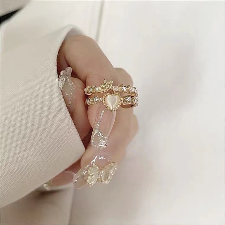 Nhẫn Hở Đính Đá Opal Hình Trái Tim Phong Cách Hàn Quốc