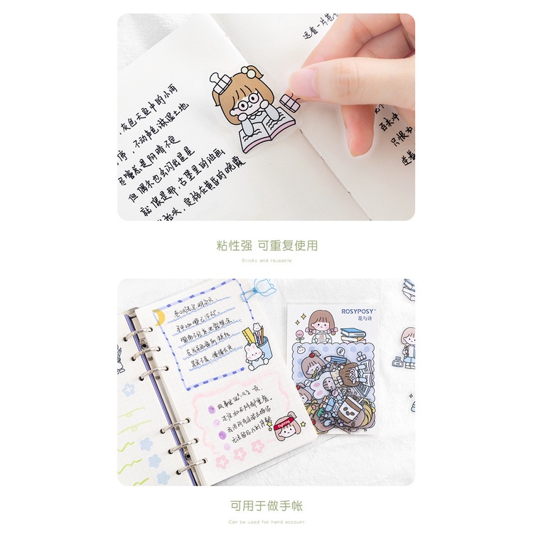 RY DIY- Set 40 Sticker ROSY POSY nhỏ xinh hình cô gái tóc mái ngố dễ thương trang trí nhật kí,...