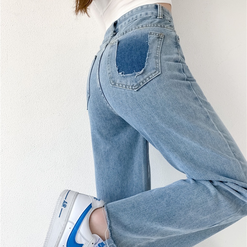 SUXI Quần jean dài ống rộng lưng cao dáng ôm phong cách Hàn Quốc cổ điển dễ phối đồ dành cho bạn nữ