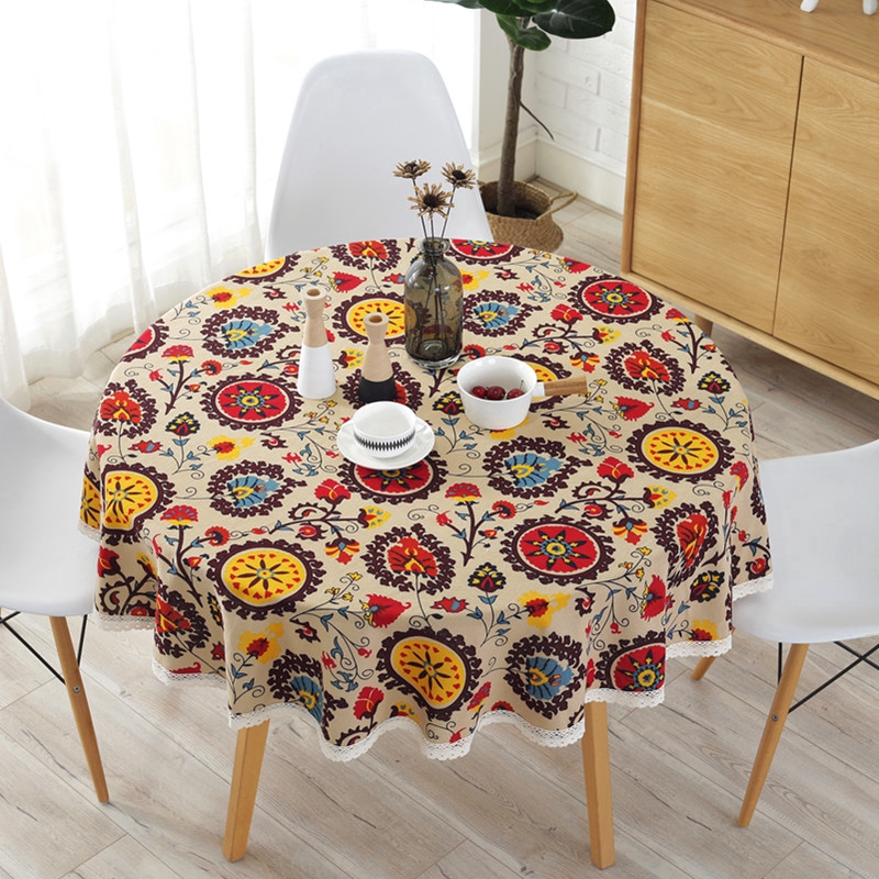 Khăn Trải Bàn Tròn 150x150cm Vải Cotton Họa Tiết Thổ Cẩm Dễ Thương