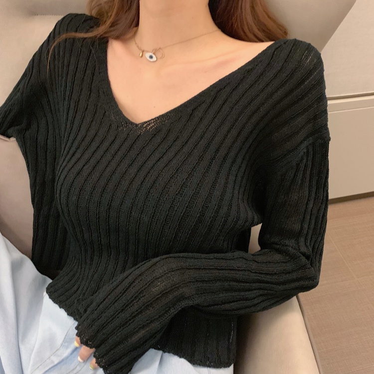 Porozi  Áo len cổ chữ V dáng rộng dài tay chống nắng 5 màu lựa chọn cho nữ