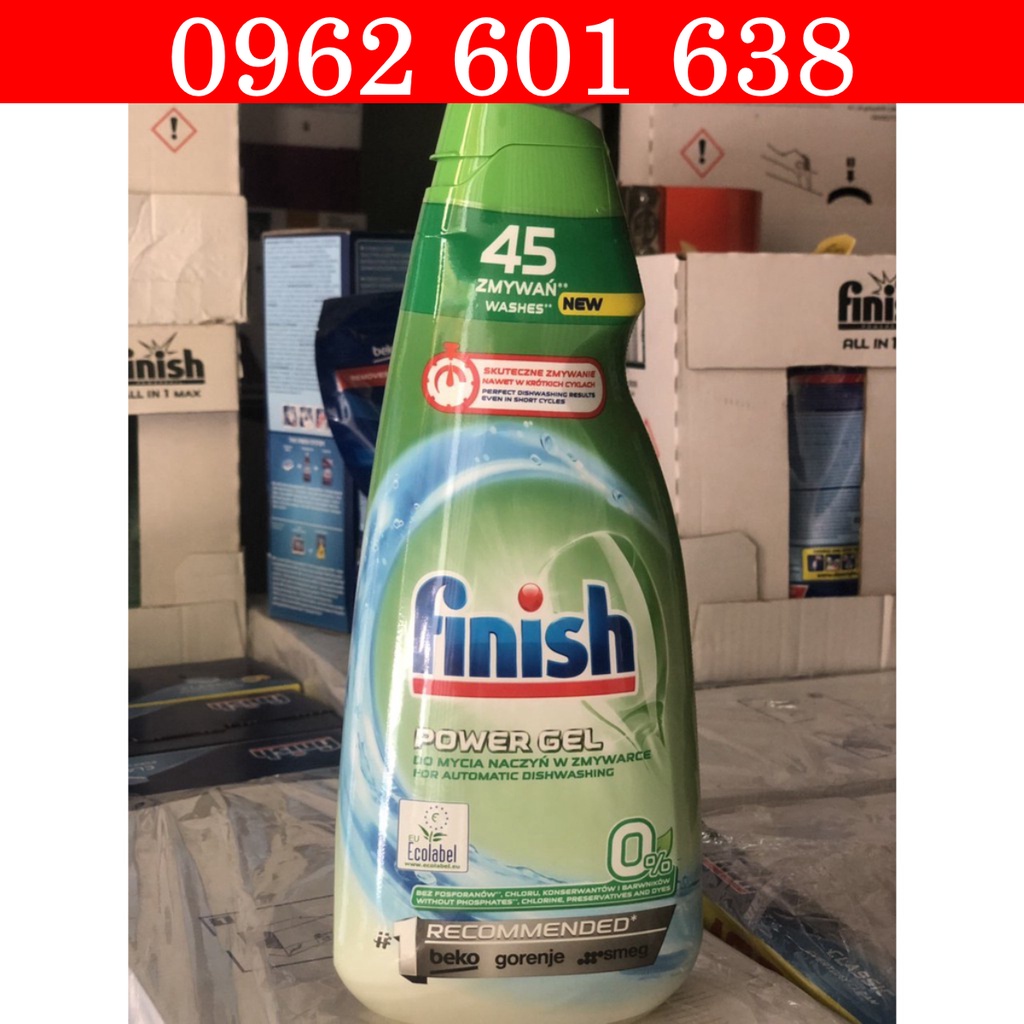Gel rửa bát Finish Power Eco 0% 900ml,  Gel rửa bát hữu cơ all in 1 max, Xà phòng gel rửa bát finish 1.3L