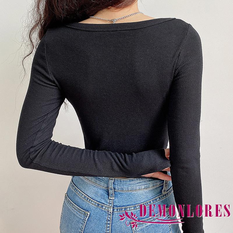 Áo croptop dệt kim tay dài cổ chữ v màu sắc đơn giản cho nữ
