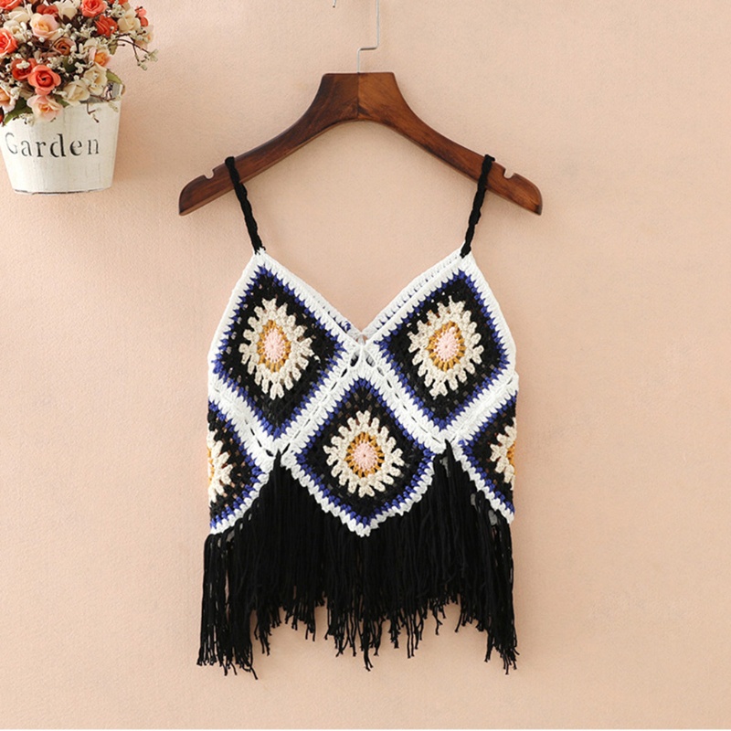 Áo croptop dệt kim hai dây phối tua rua họa tiết sọc caro nhiều màu phong cách boho cho nữ