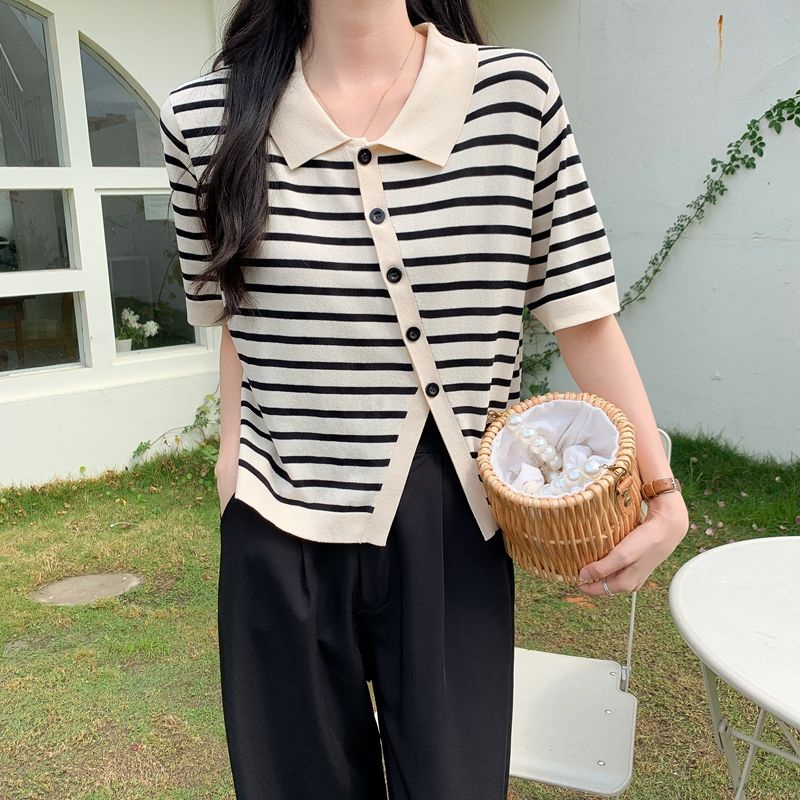 Áo Thun Polo Tay Ngắn Họa Tiết Kẻ Sọc Đen Thời Trang Mùa Hè 2022 Dành Cho Bạn Nữ