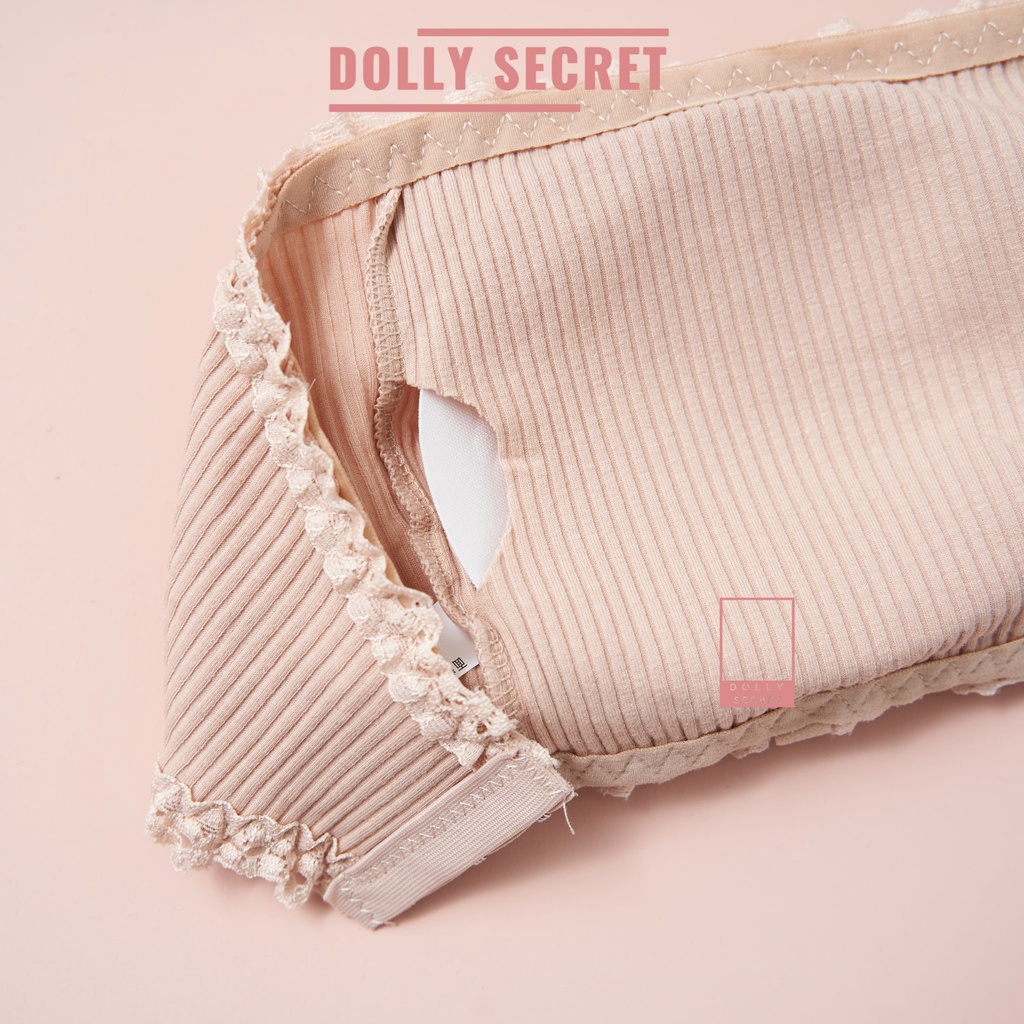 Áo lót nữ không dây len tăm viền ren hoa có 3 nấc cài đệm mỏng không dây chống tuột cao cấp DOLLY SECRET A02