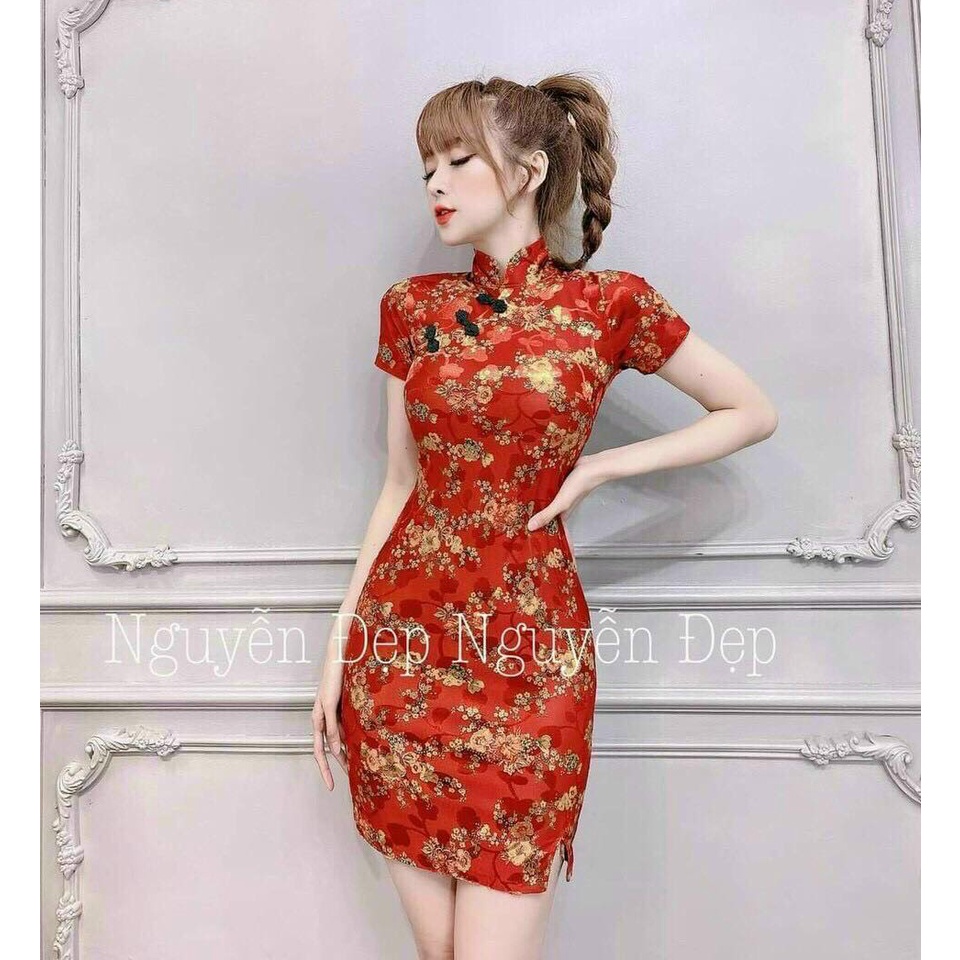 Đầm Váy Thời Trang Nữ Sườn Sám Cổ Tàu Chất Thun Dẻo IN 3D Họa Tiết Hoa Lá Tông Màu Đỏ Cực Xịn Sò
