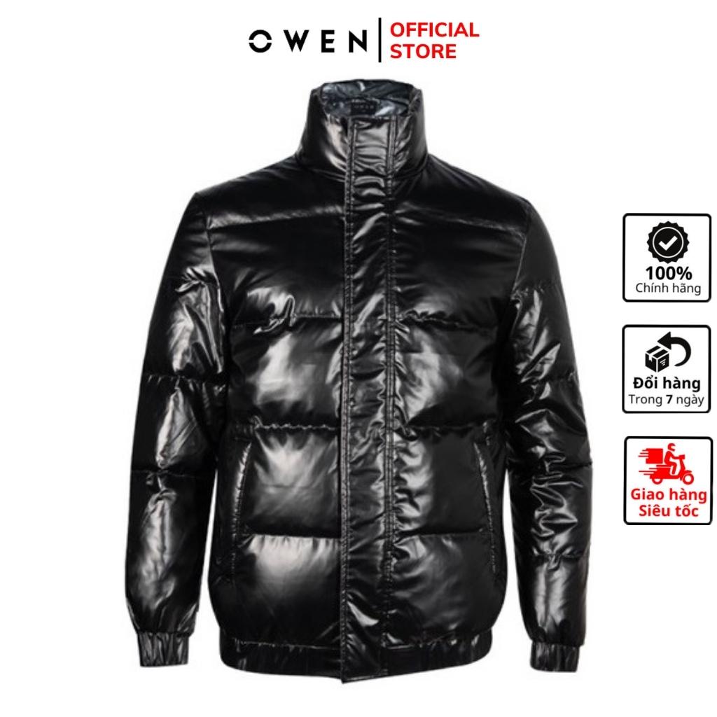 Áo khoác phao nam Owen JK220725 jacket 2 lớp màu đen bóng vải polyester cao cấp dáng suông không mũ cổ đứng bo tay gấu