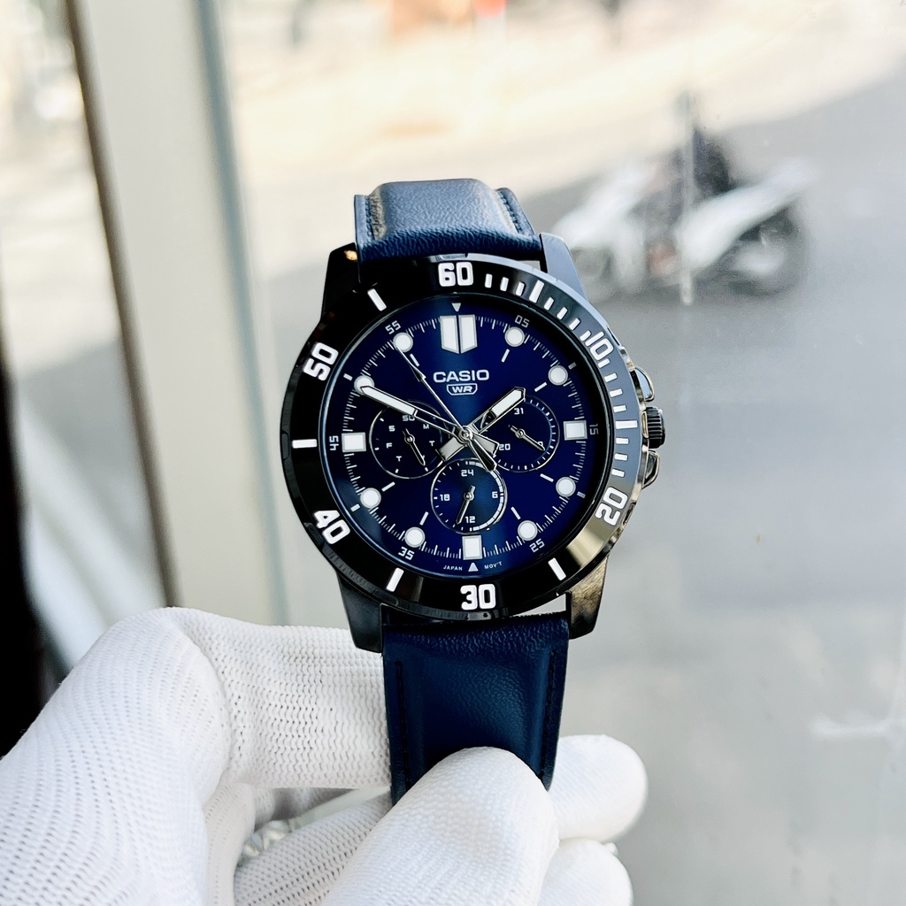 Đồng hồ nam cao cấp Casio MTP VD300BL -2E Dây da mặt xanh 6 kim viềng đen chống nước 3atm Bảo hành 1 năm Hyma watch