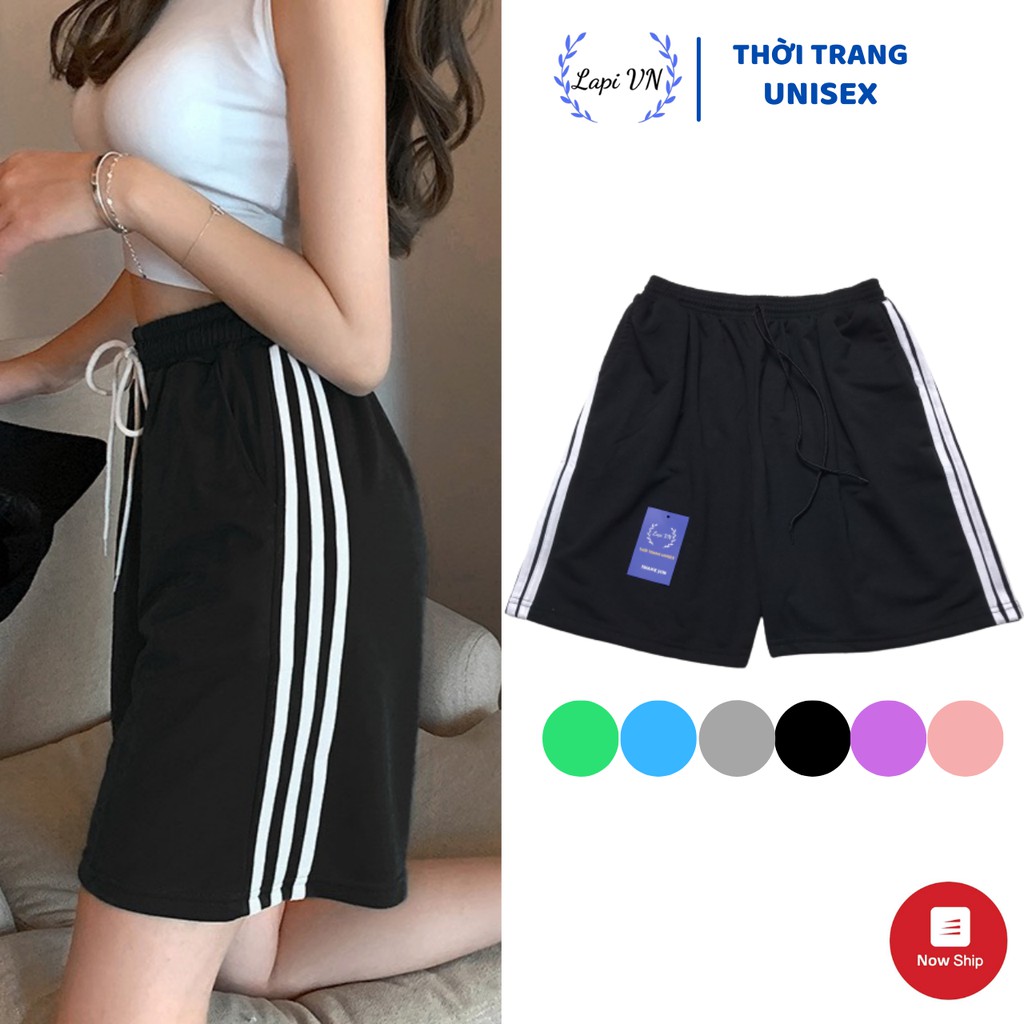 Quần Short Lửng 3 Sọc Unisex Nam Nữ Lapi VN, Freesize Đến 75kg, Chất Thun Dày Dặn Có Dây Rút, Quần Đùi 3 Line Phối Màu