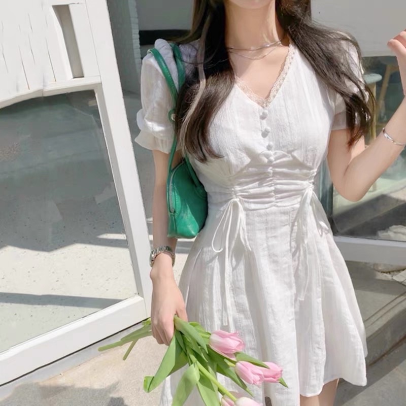 Đầm trắng dáng ngắn rút dây eo dễ thương phong cách HQ 🌥