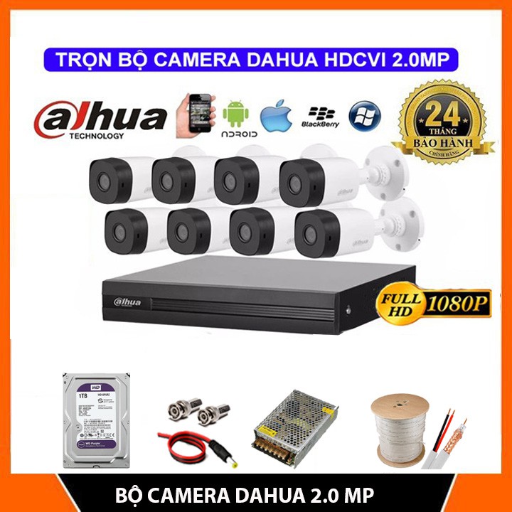 TRỌN BỘ 8 CAMERA GIÁM SÁT DAHUA 2.0MP, FHD 1080P - KÈM HDD (500GB/1TB/2TB) &amp; ĐẦY ĐỦ PHỤ KIỆN ĐỂ LẮP ĐẶT