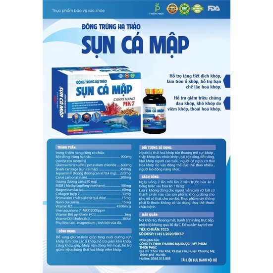 Viên uống ĐÔNG TRÙNG HẠ THẢO Sụn Cá Mập Canxi nano MK7 Hộp 2 lọ 60 viên hỗ trợ giảm đau xương khớp tăng chất nhờn khớp