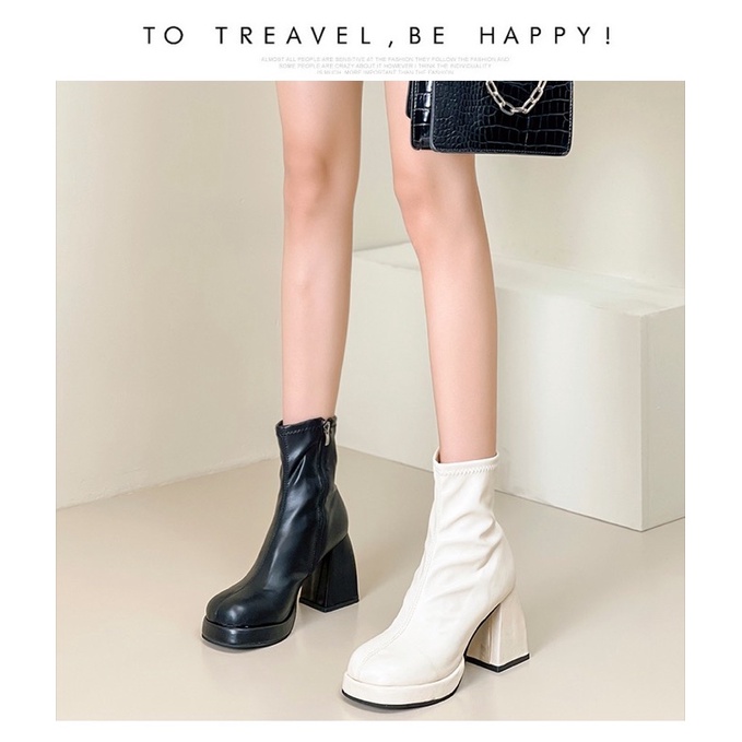Boots da nữ cổ ngắn ôm chân gót vuông cao 10cm có khoá kéo