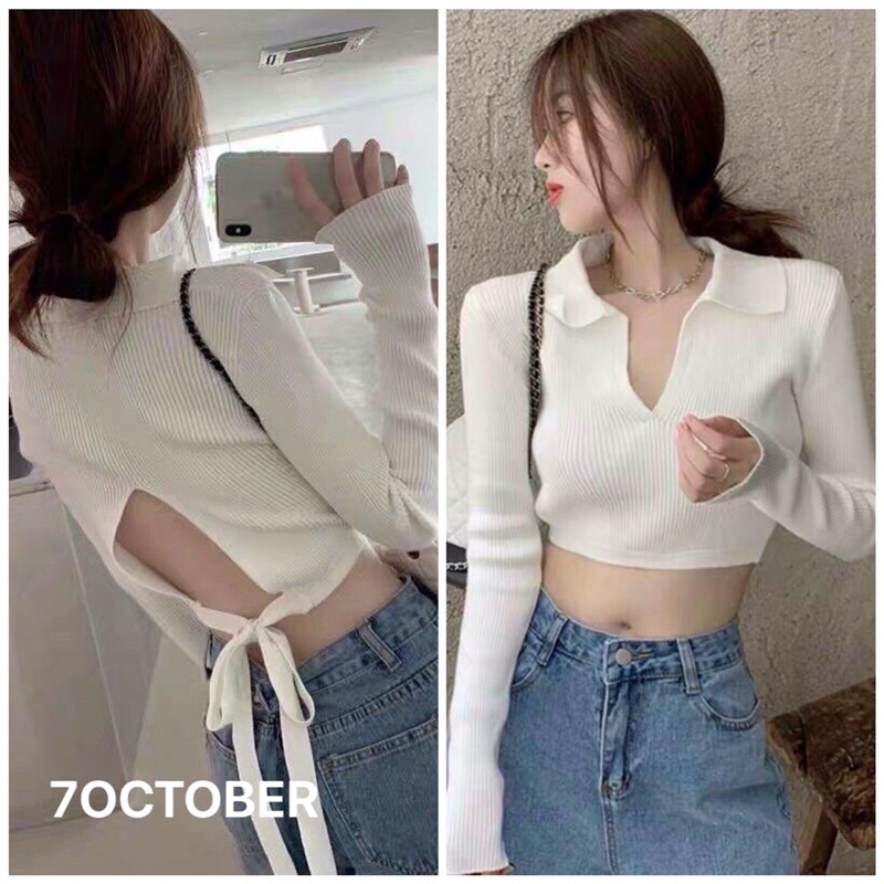 Áo croptop polo buộc nơ sau ( Kèm ảnh thật )