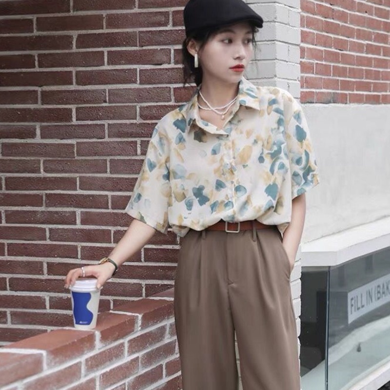 Áo sơ mi chiffon RENJIANVSHENG tay ngắn in họa tiết thời trang Hàn Quốc dành cho nữ