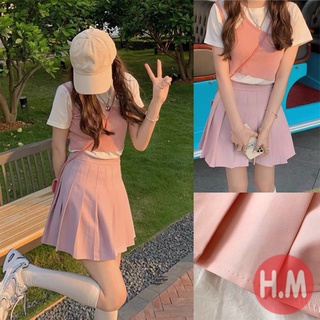 Sét chân váy xếp ly hồng + áo thun croptop lệch vai freesize dưới 53kg