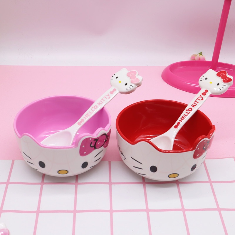 Bộ Tô Muỗng Nĩa Hình Mèo Hello Kitty Dễ Thương Cho Bé Gái