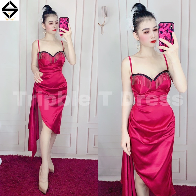 Đầm body phi thun lụa phối tua rua TRIPBLE T DRESS - Free size dưới 56kg