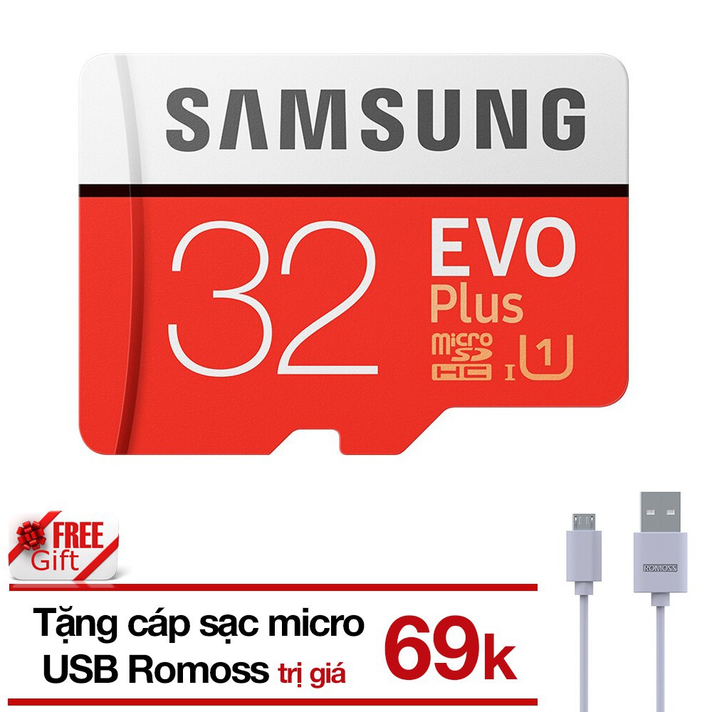 (Tặng cáp) Thẻ nhớ 32GB MicroSD Samsung Evo Plus 95MB/s U1 C10 Adapter (Đỏ) tặng Cáp micro USB tròn Romoss - Chính hãng