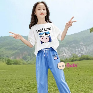 Bộ Bé Gái Áo Tay Ngắn Quần Bo In Chú Bò Sữa Đáng Yêu (4 - 10 tuổi)