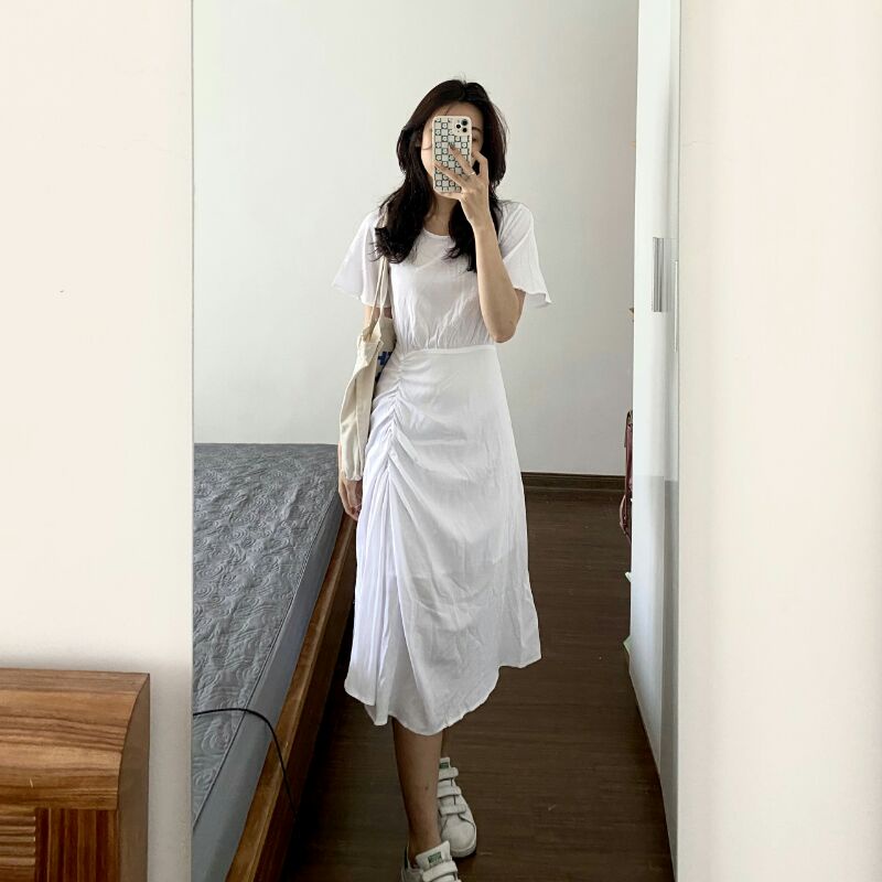 Váy ôm dáng dài dự tiệc Gorogi, đầm đi biển cổ tròn tay ngắn cổ tròn chất đũi mềm mát 1 lớp