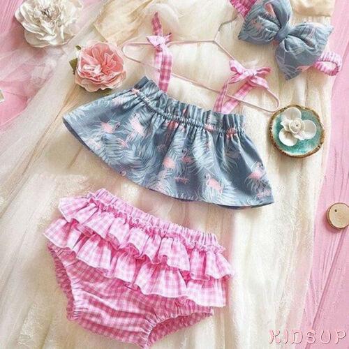 Set áo thun và quần short in họa tiết chim hồng hạc xinh xắn dành cho bé gái