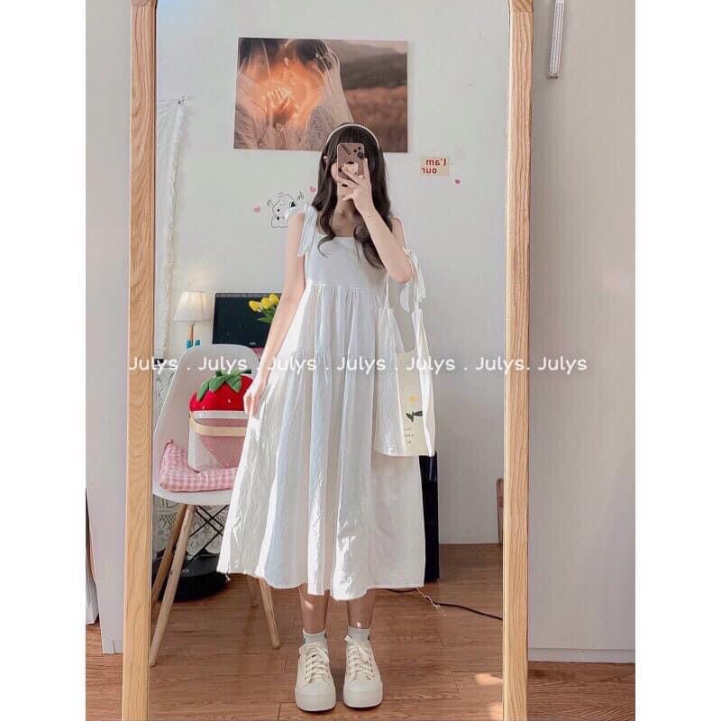 Đầm Nữ 2 Dây Bản To Buộc Nơ 3 Tầng 🦋 Váy Nữ Babydoll Trơn Dáng Dài 2 Màu 🦋