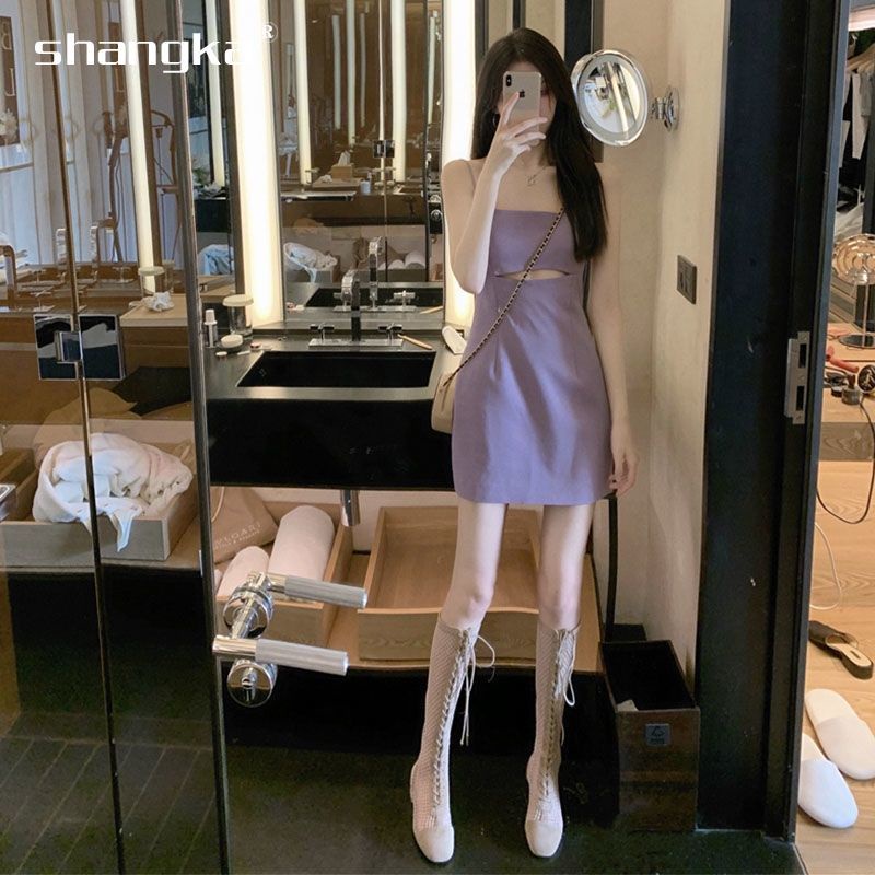 Set áo khoác vest tay dài dáng rộng đầm hai dây màu tím thời trang
