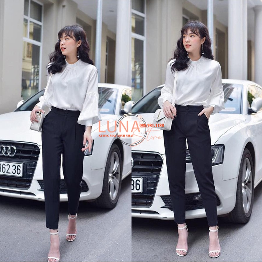 Quần tây baggy công sở nữ lưng cao cúc bọc khuy vải 1 ly màu Đen - Dáng dài ống đứng - Vải tuyết mưa dày mặc đi học làm