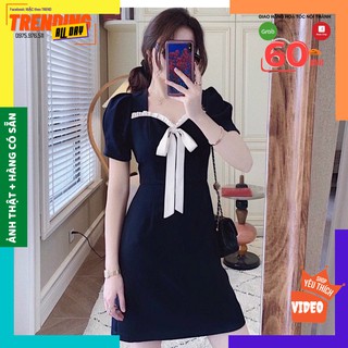 Đầm dáng chữ A ngắn tay, cổ phối bèo, hoạ tiết nơ đính tiểu thư. Dầm tiểu thư cổ tim sang chảnh tôn dáng