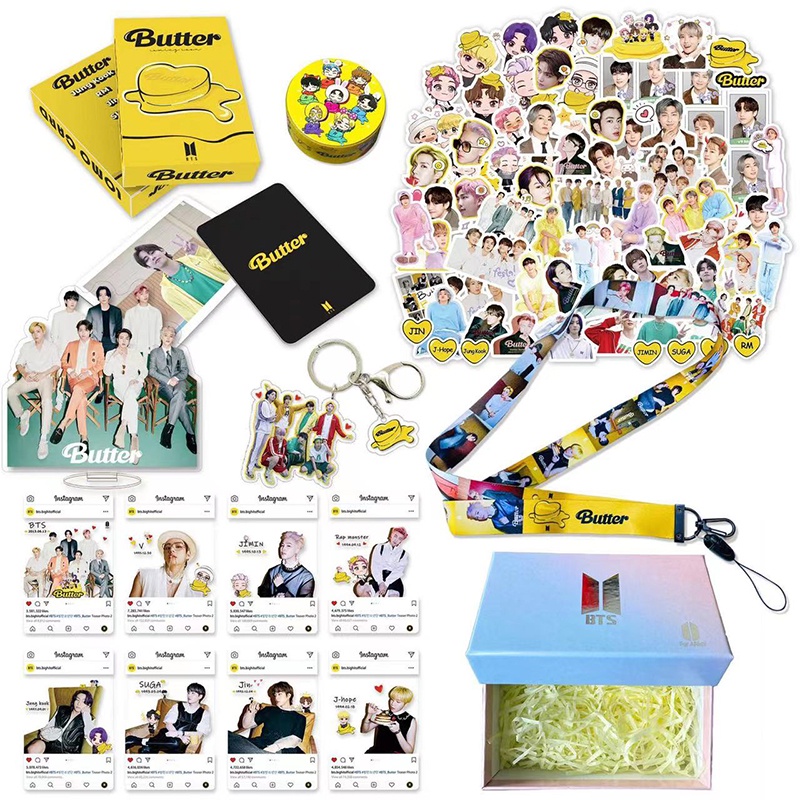 Set hộp quà tặng sinh nhật gồm miếng dán móc khóa dây đeo bưu thiếp phong cách BTS butter