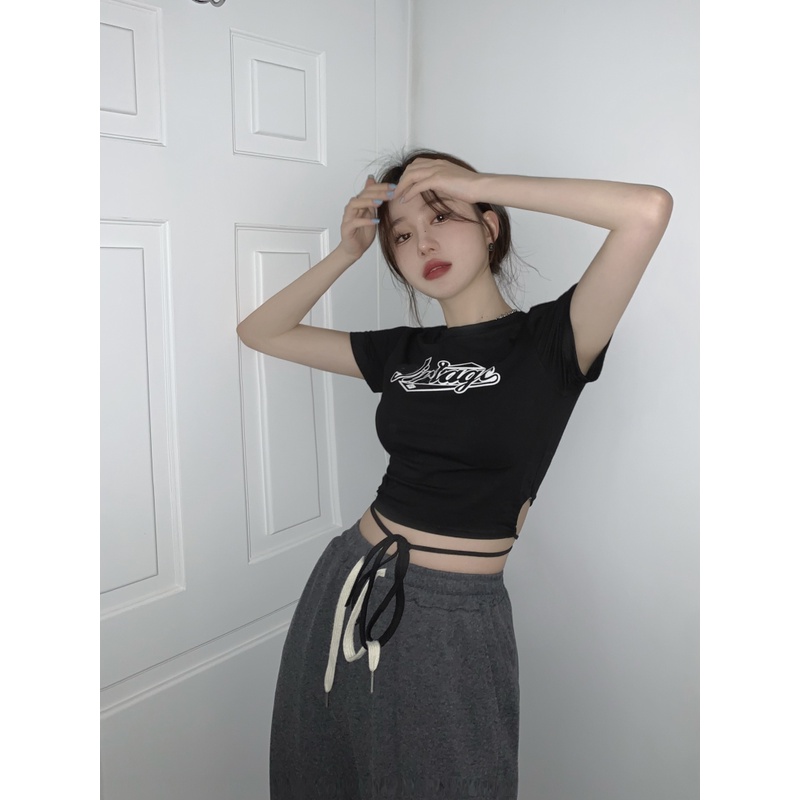 Cocory vn Áo Croptop Ngắn Tay In Chữ Phong Cách Retro Thời Trang Mùa Hè Quyến Rũ Cho Nữ