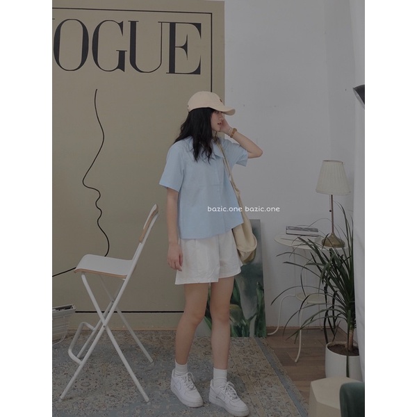 Áo sơ mi thô cộc tay cổ nhọn Bazic one